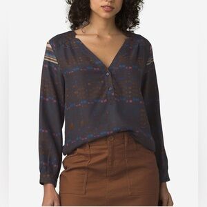 Prana Elsie Tencel Blouse Small Gray/Blue Abstract Woven V-Neck Popover Top